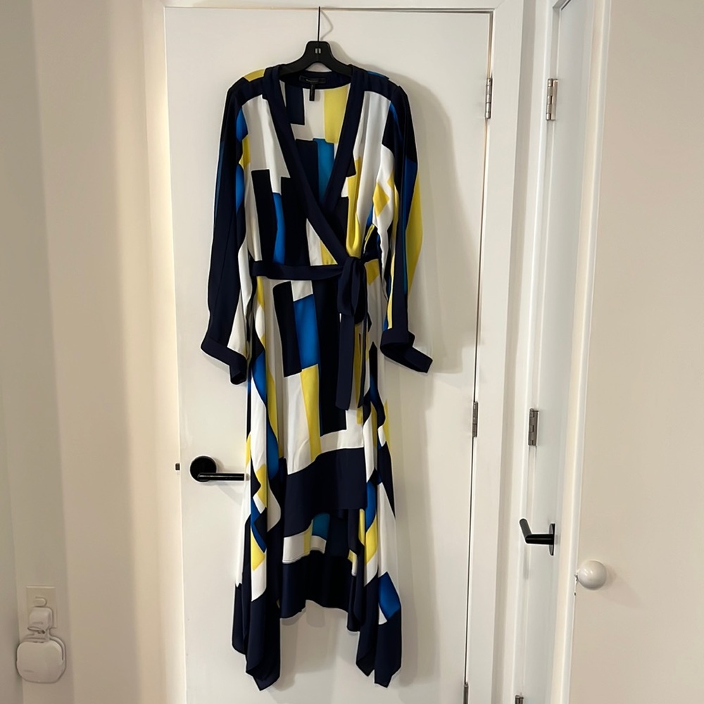 BCBG Colorblocked Handkerchief Wrap Dress, L